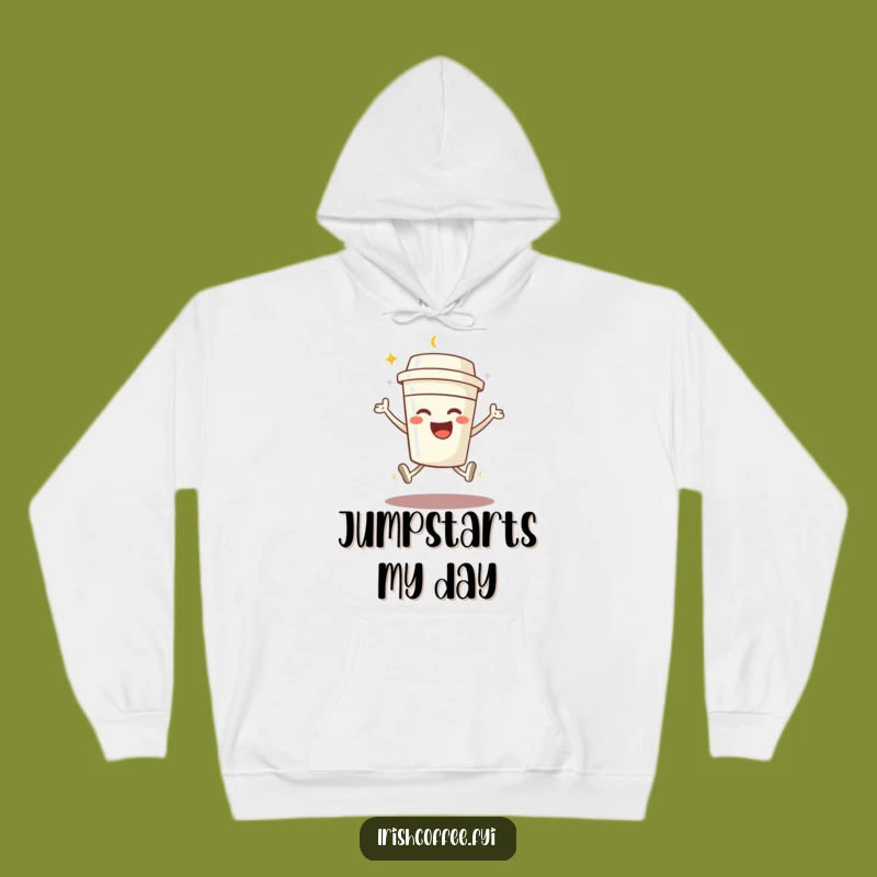Funny Coffee Jump Hoodie: Cozy Beaming Character, Warm Gift for Energy