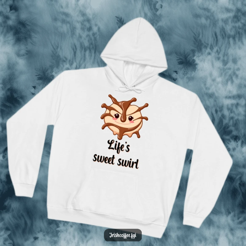 Funny hoodie with a cheerful chocolate sauce drizzle swirling, perfect for cozying up with dessert-themed humor.