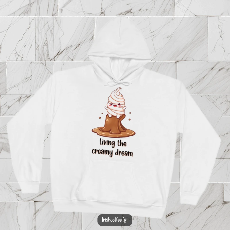 Funny hoodie depicting a delighted whipped cream character enjoying a thrilling ride down a steaming coffee stream, perfect for cold days.