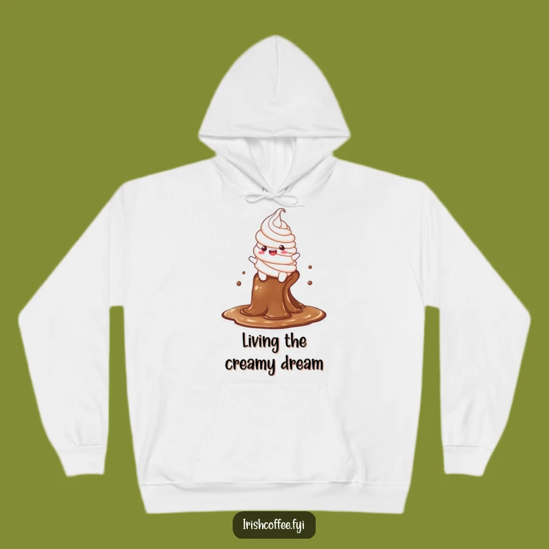 Funny Whipped Cream Hoodie: Delighted Character Slides Down Coffee Stream, Cozy Funny Gift!