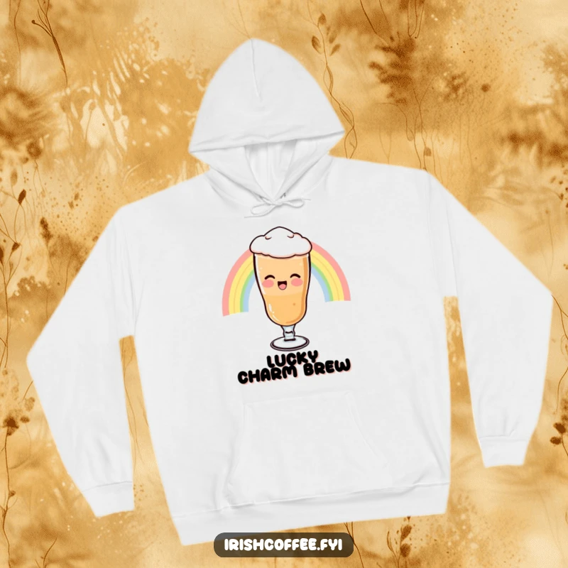Funny Hoodie featuring a giggling Irish coffee glass on a rainbow slide, exuding magical vibes and cozy warmth.