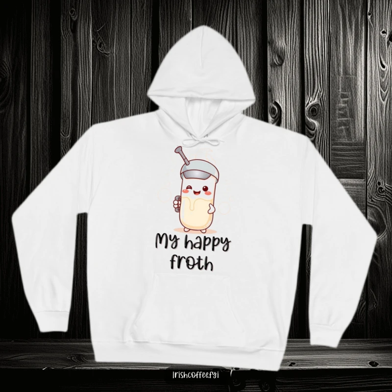 Funny hoodie design with a smiling milk frother character making bubbly clouds, offering warmth and a humorous touch.