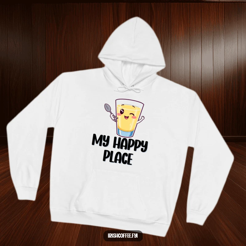 Funny hoodie graphic of a giggling shot glass character winking while holding a tiny spoon, perfect for cozy and amusing wear.