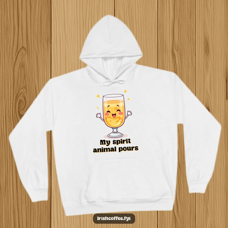 Funny hoodie depicting a happy whiskey glass winking and doing a bubbly toast, emphasizing warmth and humorous celebration.