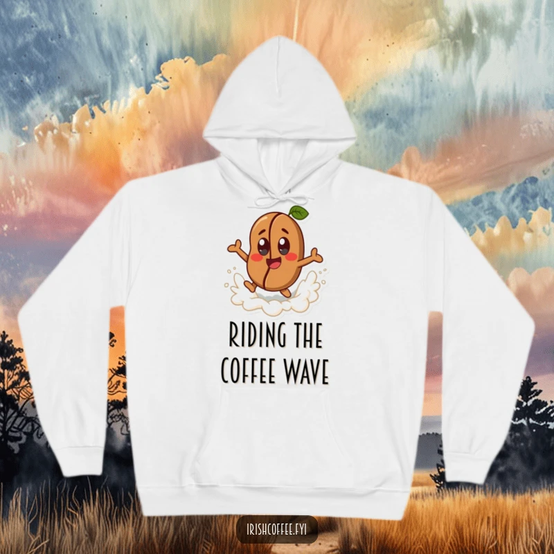 Funny happy coffee bean character with cheerful eyes, joyfully leaping from a frothy wave on a cozy hoodie, cozy caffeine lover gear.