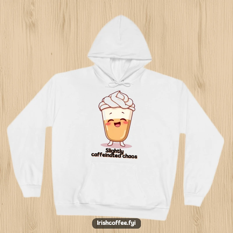 Funny hoodie with a giggling coffee character, whipped cream hair, and a silly wobble, perfect for cozy, humorous wear.