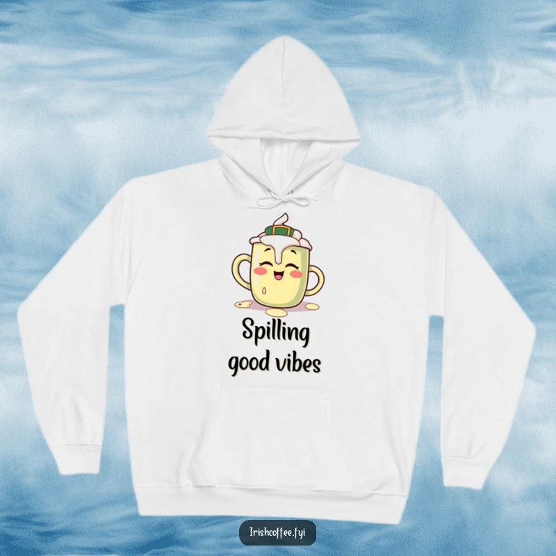 Funny hoodie depicting a giggling Irish coffee mug character with a small cream spill, perfect for cozy, humorous occasions.