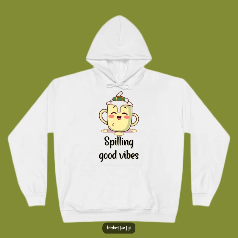 Funny Irish Coffee Mug Hoodie: Giggling Character Spills Cream, Cozy Funny Gift!