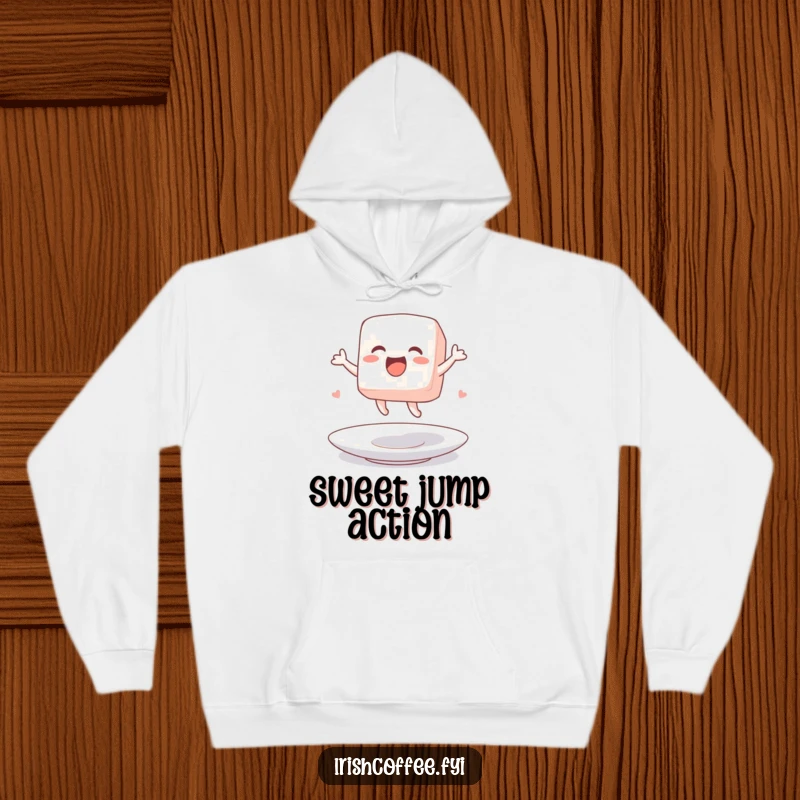 Funny hoodie showcasing a sugar cube character excitedly jumping on a saucer, full of sweet energy.