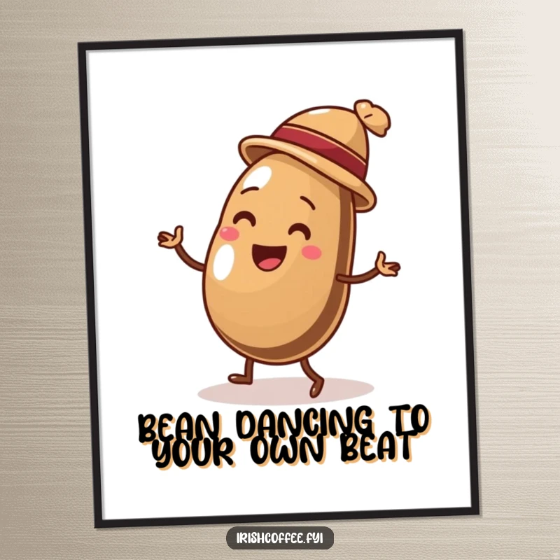 Funny Free Printable Wall Art: A delighted coffee bean wearing a tiny hat, captured mid-jig with infectious energy.