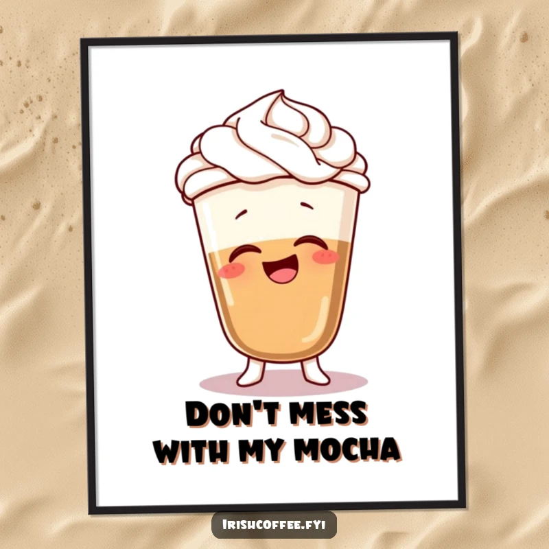 Funny Free Printable Wall Art: A giggling coffee cup character with whipped cream hair wobbles adorably, perfect for kitchen decor.