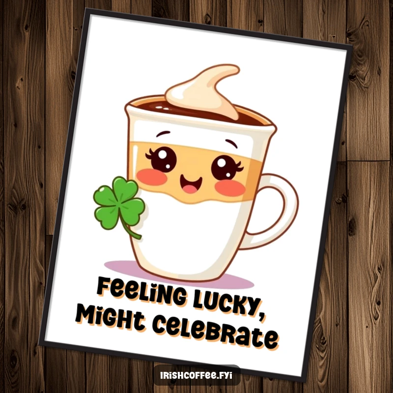 Funny Free Printable Wall Art: Delighted coffee cup character wearing a tiny shamrock, bringing good vibes.