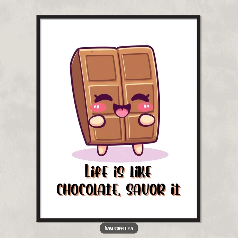 Funny Free Printable Wall Art featuring a winking piece of chocolate doing a happy wiggle, bringing a touch of playful sweetness.
