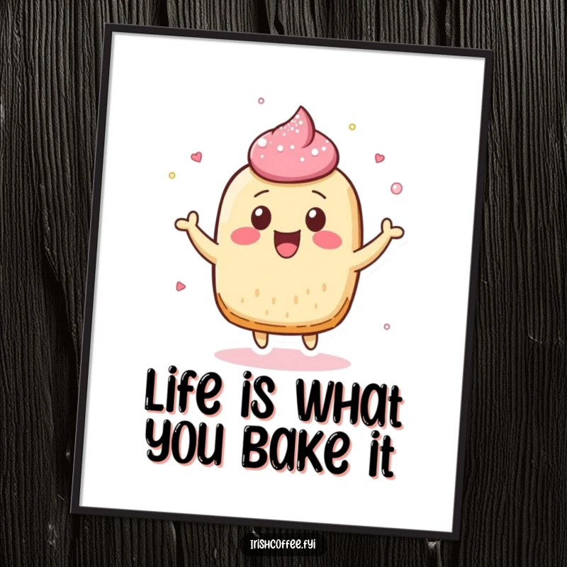 Funny Free Printable Wall Art: A cheerful pastry character bounces with sugar dust flying, embodying pure, sweet joy.