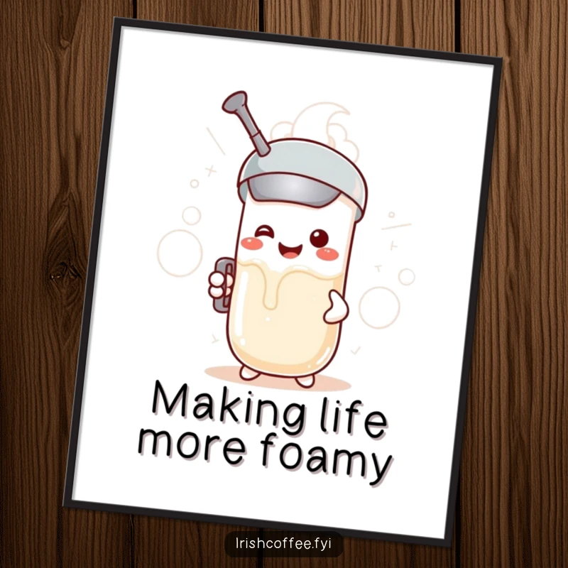 Funny Free Printable Wall Art: A smiling milk frother character enthusiastically generating frothy, bubbly clouds with sheer joy.