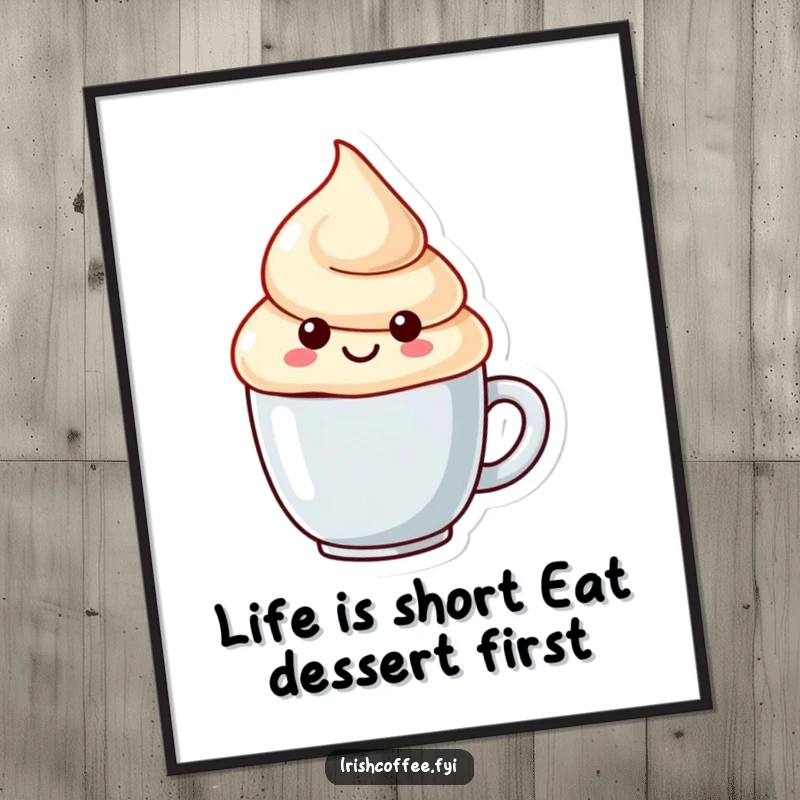 Funny Free Printable Wall Art: A smiling cream dollop character with a playful swirl sits in a tiny mug, bringing cheer.