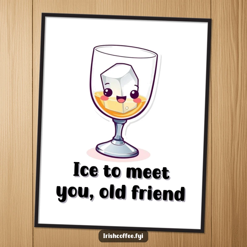 Funny Free Printable Wall Art: A whiskey glass with an ice cube joyfully skipping, adding a dash of mischief.