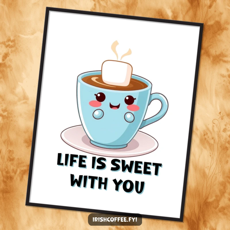 Funny Free Printable Wall Art: A giggling sugar cube looks mischievous near a coffee cup, radiating playful energy.
