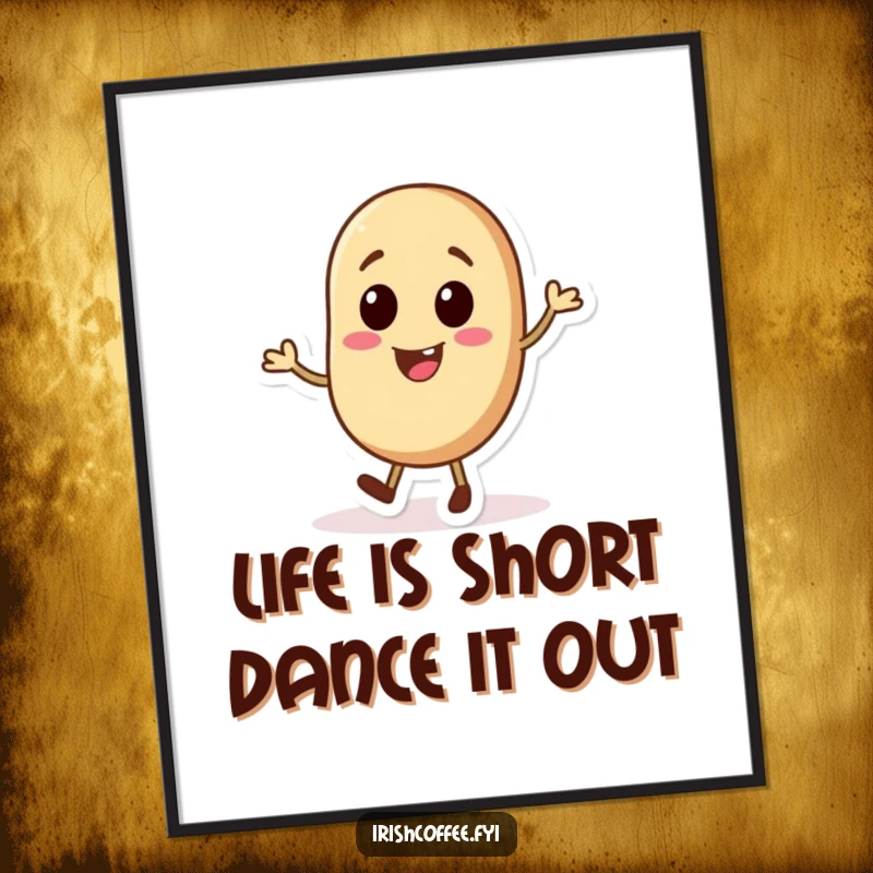 Funny Free Printable Wall Art: Jolly coffee bean character performing a lively tap dance, full of energy.