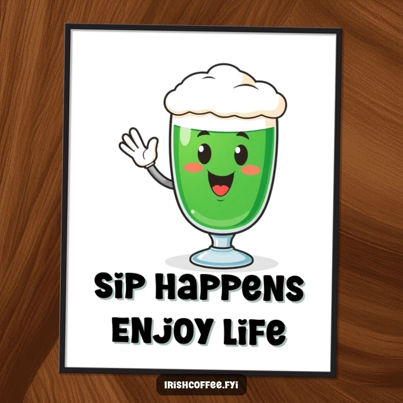 Funny Free Printable Wall Art: Cheerful Irish coffee glass character doing a happy wave, perfect for bar or kitchen.