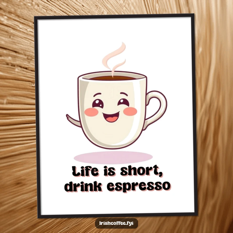 Funny Free Printable Wall Art: a steamy espresso cup spins playfully, creating a dynamic and humorous piece.