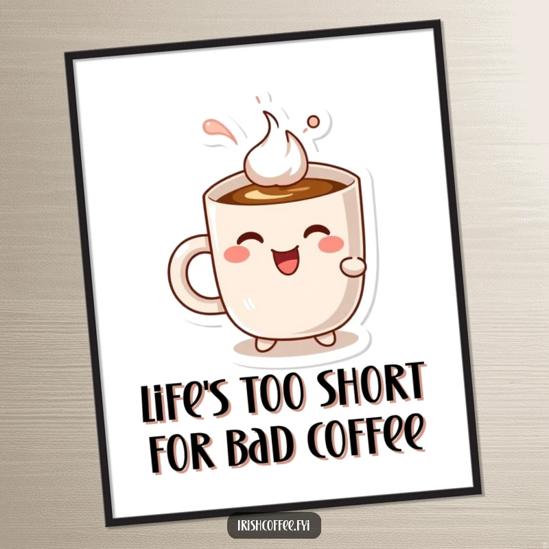 Funny free printable wall art: A cheerful mug character blissfully sipping coffee with immense delight, creating a cozy atmosphere.