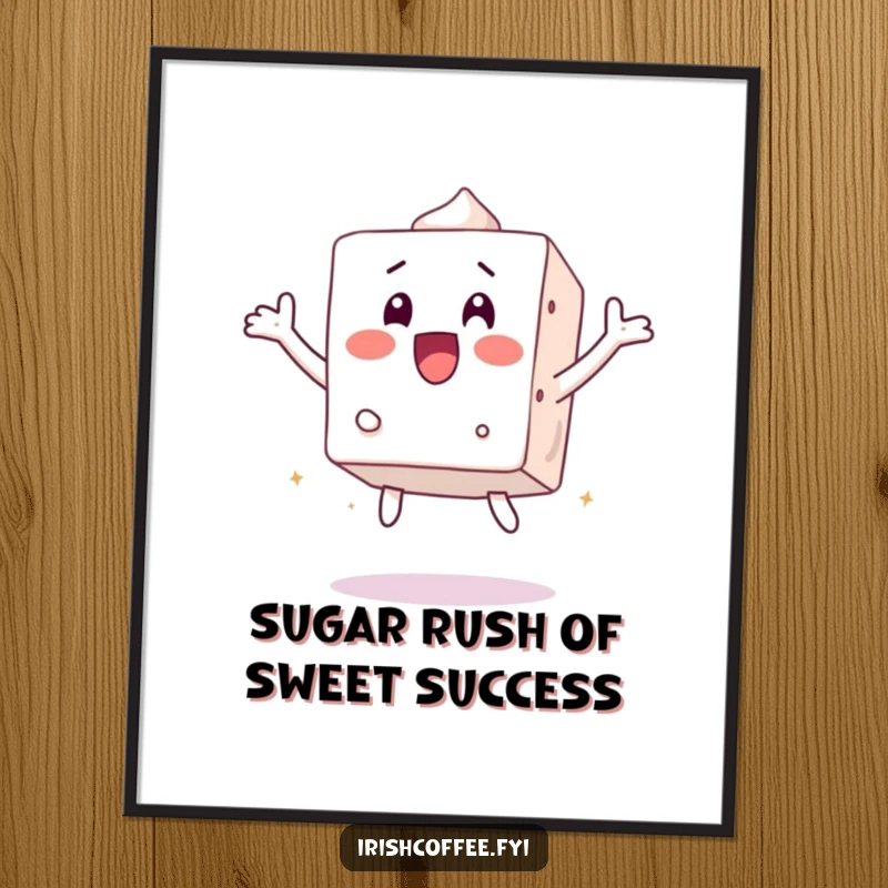 Funny Free Printable Wall Art: A surprised sugar cube jumps with wide eyes, bringing energetic and humorous art to your walls.