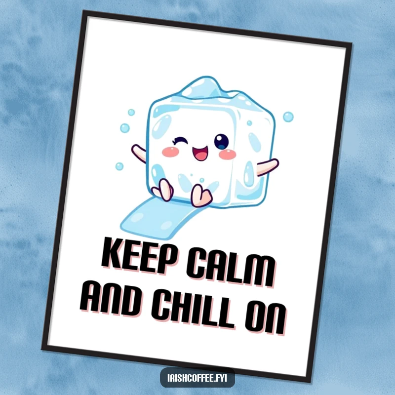 Funny Free Printable Wall Art: A delighted ice cube character with a cool expression enjoys a refreshing slide, bringing chill vibes.