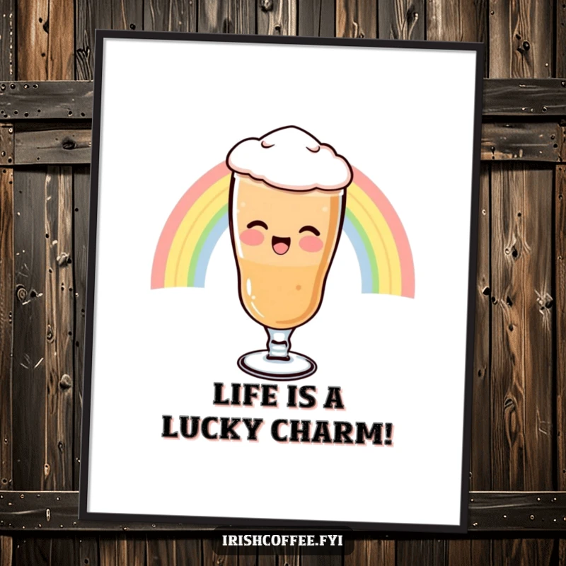 Funny Free Printable Wall Art: A giggling Irish coffee glass slides down a rainbow, adding whimsical and humorous decor.