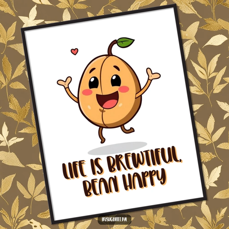 Funny Free Printable Wall Art of a joyful coffee bean with a huge grin, caught in the middle of an enthusiastic jig.
