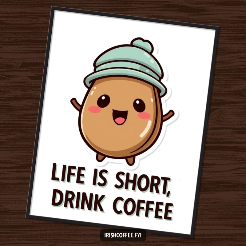 Funny Free Printable Wall Art: a delighted coffee bean wearing a tiny hat, exuding cheerful charm.