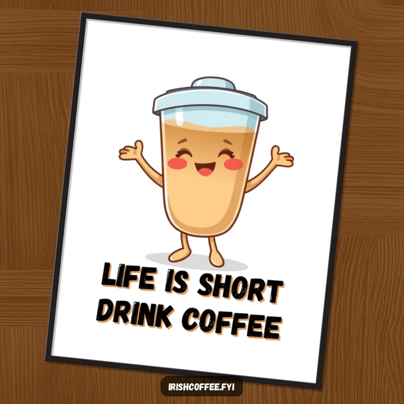 Funny Free Printable Wall Art of a smiling coffee character doing a playful dance, adding energy and humor to decor.