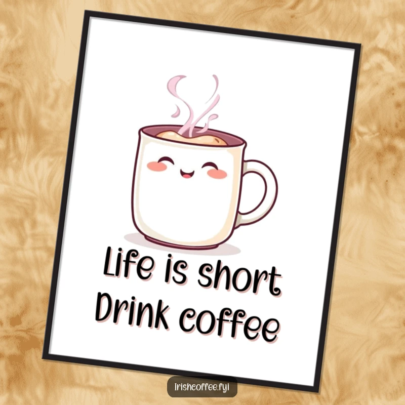 Funny Free Printable Wall Art of a steaming mug with a rosy blush, radiating warmth and cheerful good vibes in your space.