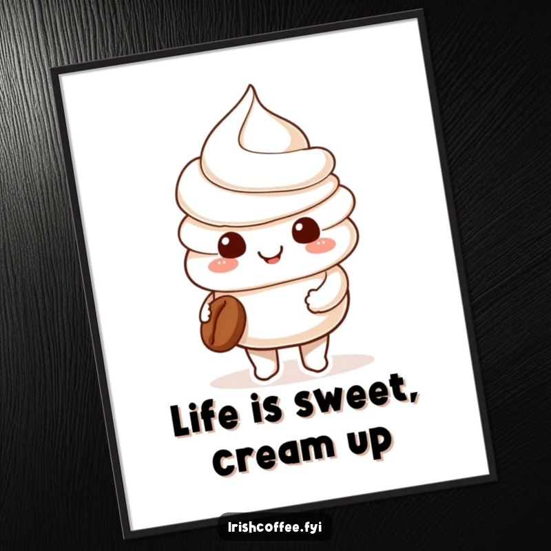Funny Free Printable Wall Art: A smiling whipped cream character holds a tiny coffee bean with care.
