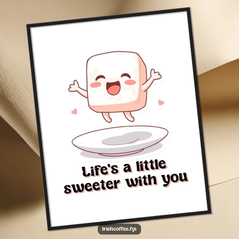 Funny Free Printable Wall Art: A sugar cube character captured in a moment of excited jumping on a saucer.