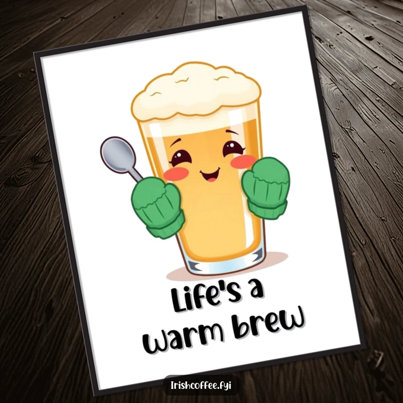 Funny Free Printable Wall Art of a cheerful Irish coffee glass in tiny mittens, a cozy downloadable art piece.