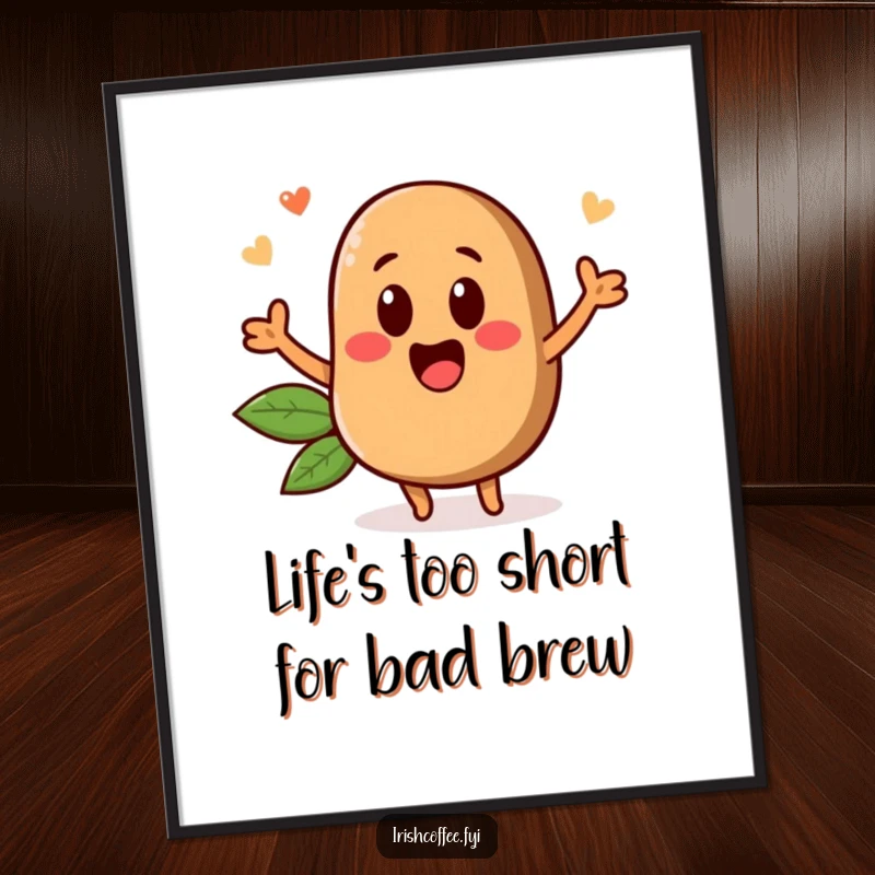 Funny Free Printable Wall Art depicting a lively coffee bean character energetically popping up with a smile.