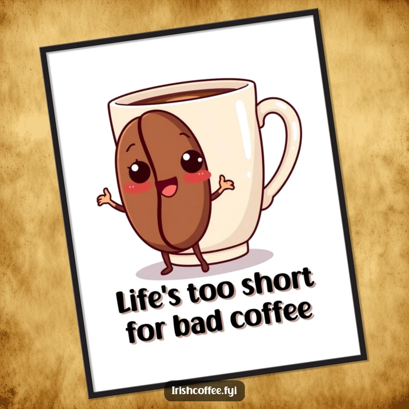 Funny Free Printable Wall Art: A coffee bean joyfully dances beside a mug, radiating energy and fun.