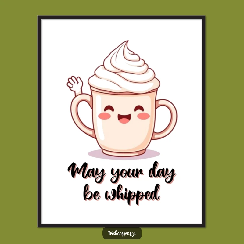 Free Printable Wall Art: Jubilant Whipped Cream Mug Waving Hello Funny Downloadable Art Gift