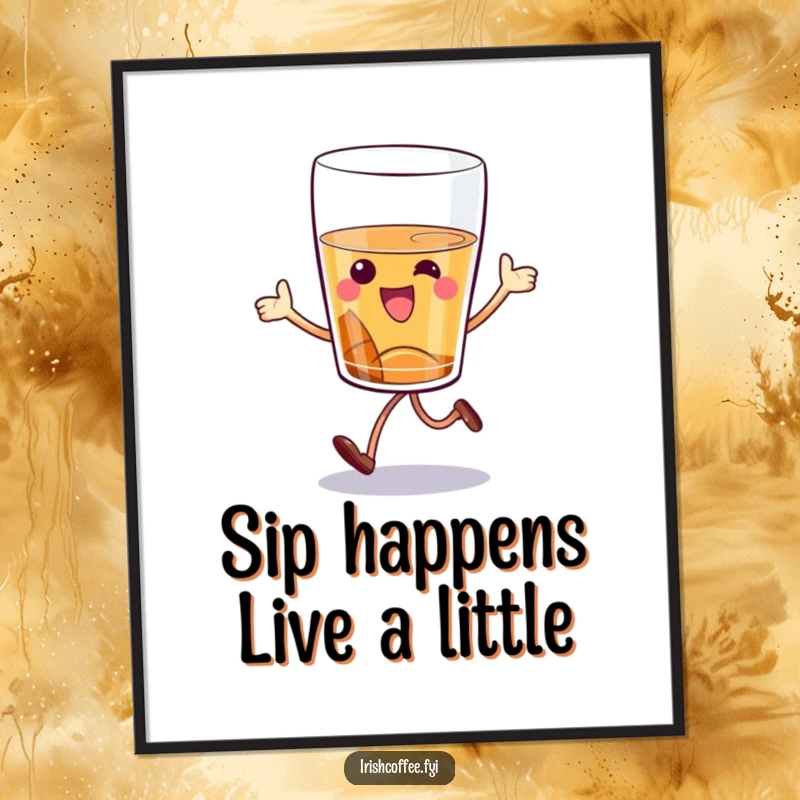 Funny Free Printable Wall Art of a whiskey glass cheerfully hopping, adding a playful and humorous touch to any room.