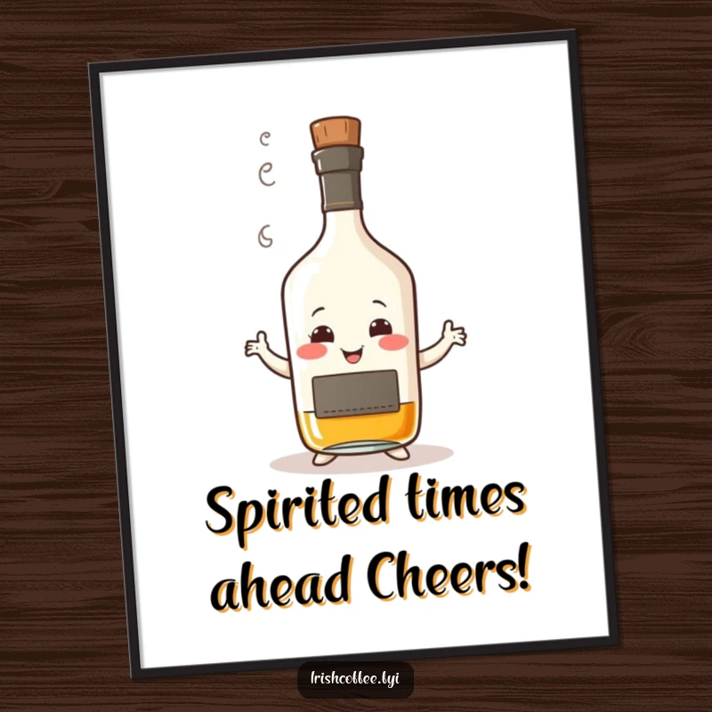 Funny Free Printable Wall Art: A smiling whisky bottle, exuding warmth with a wisp of steam, doing a happy wobbly dance.