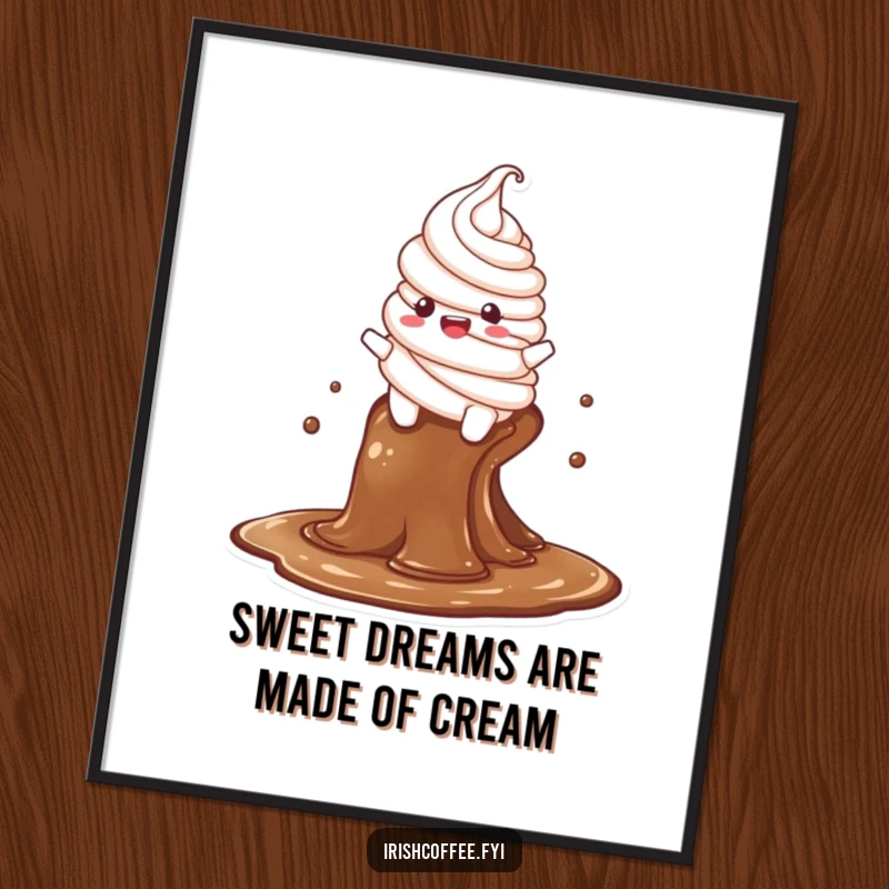 Funny Free Printable wall art depicting a delighted whipped cream character riding a coffee stream, perfect for kitchens.