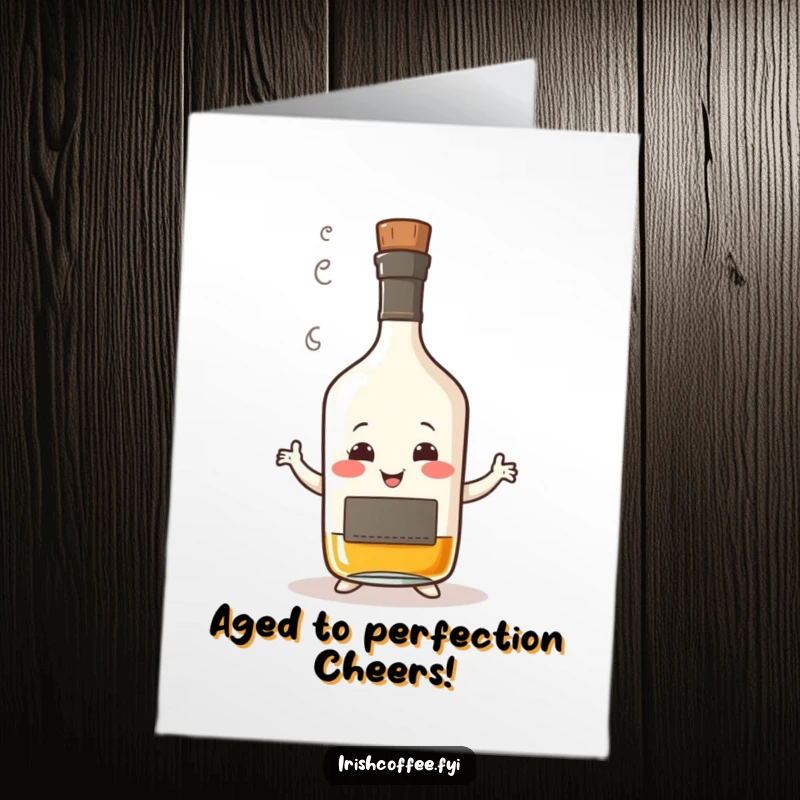 Funny Free Printable Birthday Card: A smiling whisky bottle with a steam wisp, doing a charmingly wobbly dance.
