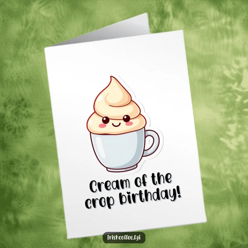 Funny Free Printable Birthday Card: Smiling cream dollop character in a tiny mug, ready to celebrate with a sweet swirl.