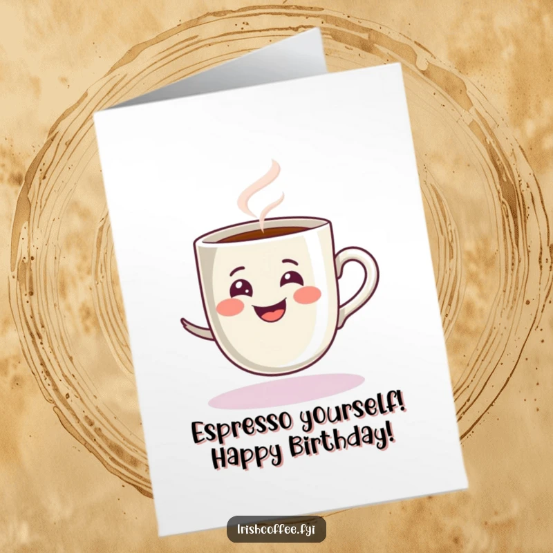 Funny Free Printable Birthday Card: a delighted espresso cup spins playfully with a steamy grin, celebrating with energy.