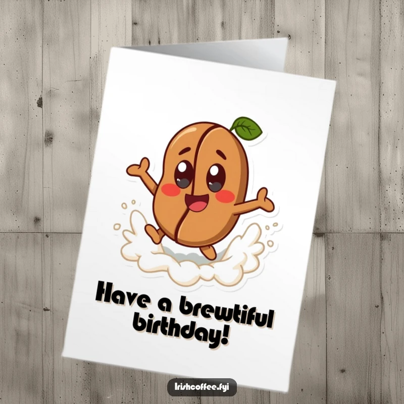 Funny Free Printable Birthday Card: Happy coffee bean character leaping joyfully from a frothy wave, energetic birthday art.