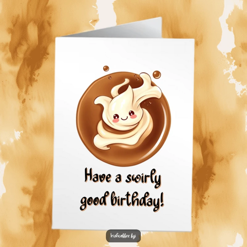 Funny Free Printable Birthday Card: A cream splash elegantly twirls in coffee, smiling with birthday cheer.