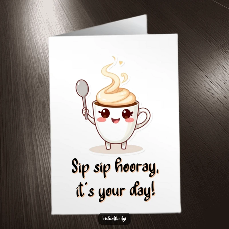Funny Free Printable Birthday Card featuring a happy coffee cup character with steam, cheerfully waving a spoon, ready to celebrate.