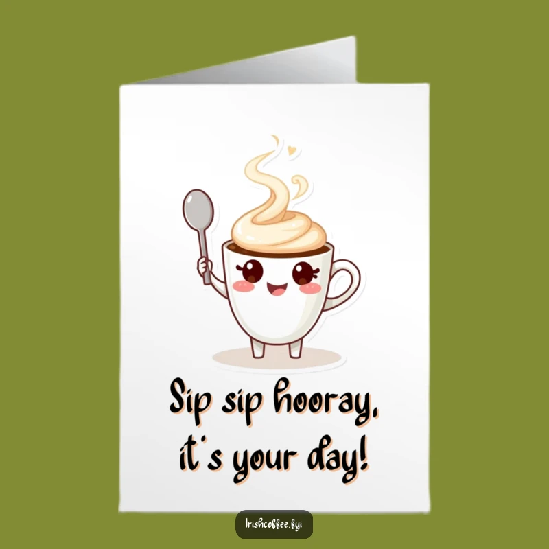 Free Printable Birthday Card: Funny Coffee Cup Pal Waving Spoon Goodbye to Boring Wishes
