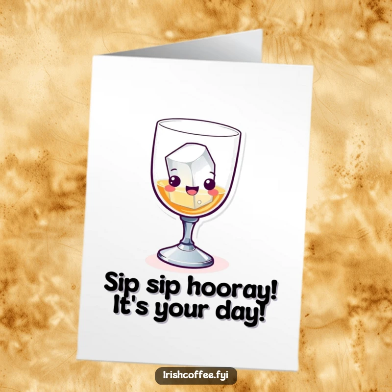 Funny Free Printable Birthday Card: A tipsy whiskey glass with an ice cube joyfully skipping, ready to party.